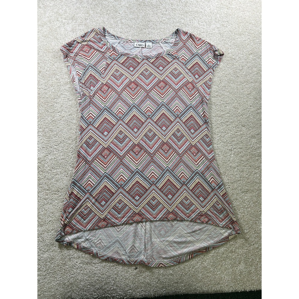 Cato Shirt Womens Medium Multicolor Geometric High Low Hem‎ Stretch Knit Top